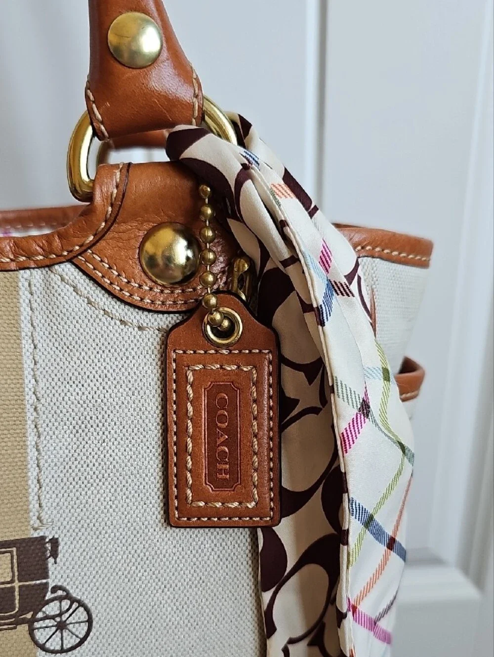 ​Coach 2007 Heritage Stripe Canvas Tattersall Tote Bag #11791 w/ Silk Scarf